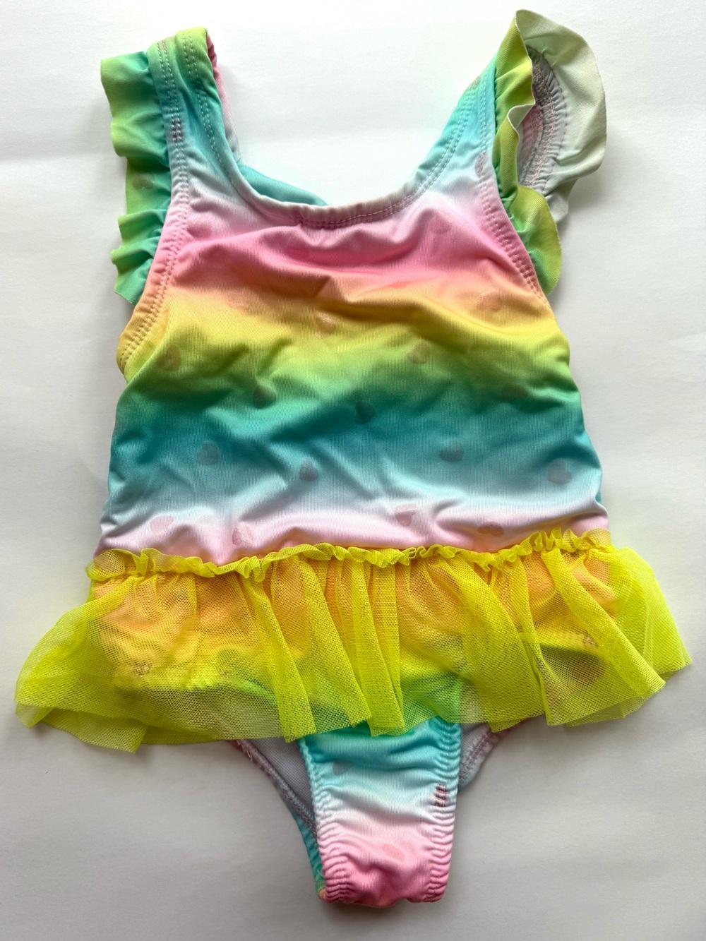 Kids Rainbow Ruffle Tutu One-Piece Swimsuit - Hearts & Yellow Accents